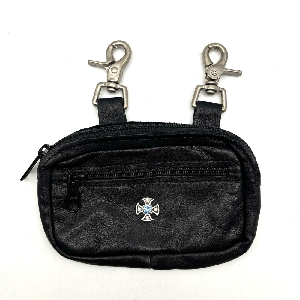 Vintage 90s Black Leather Iron Cross Blue Stone Biker Mini Hip Clip Bag 7x4" USA
